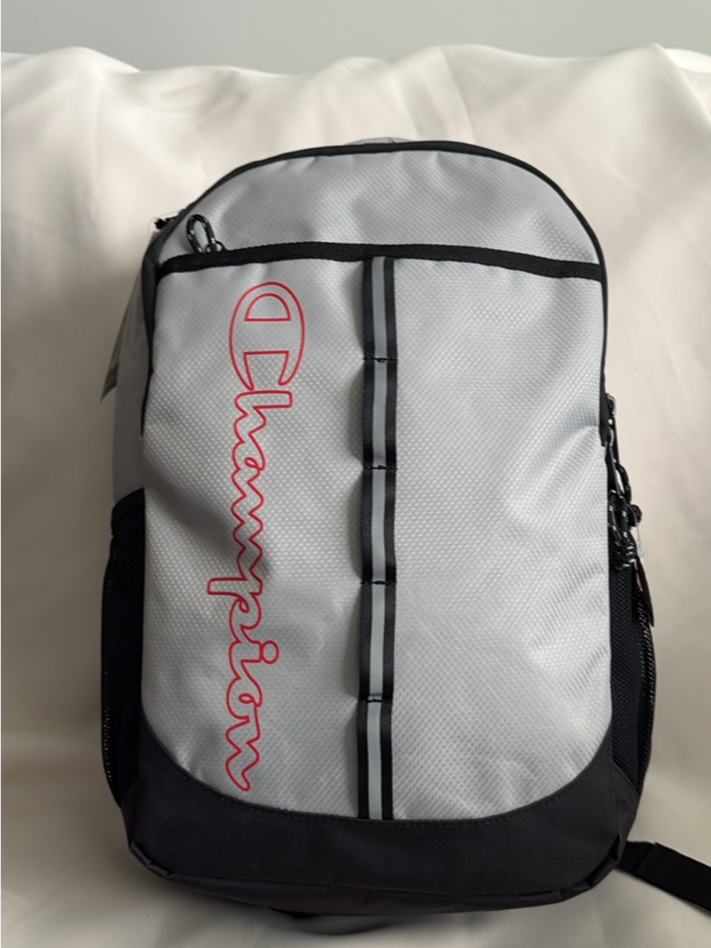 Champion Light Gray and Black Backpack with Red Logo